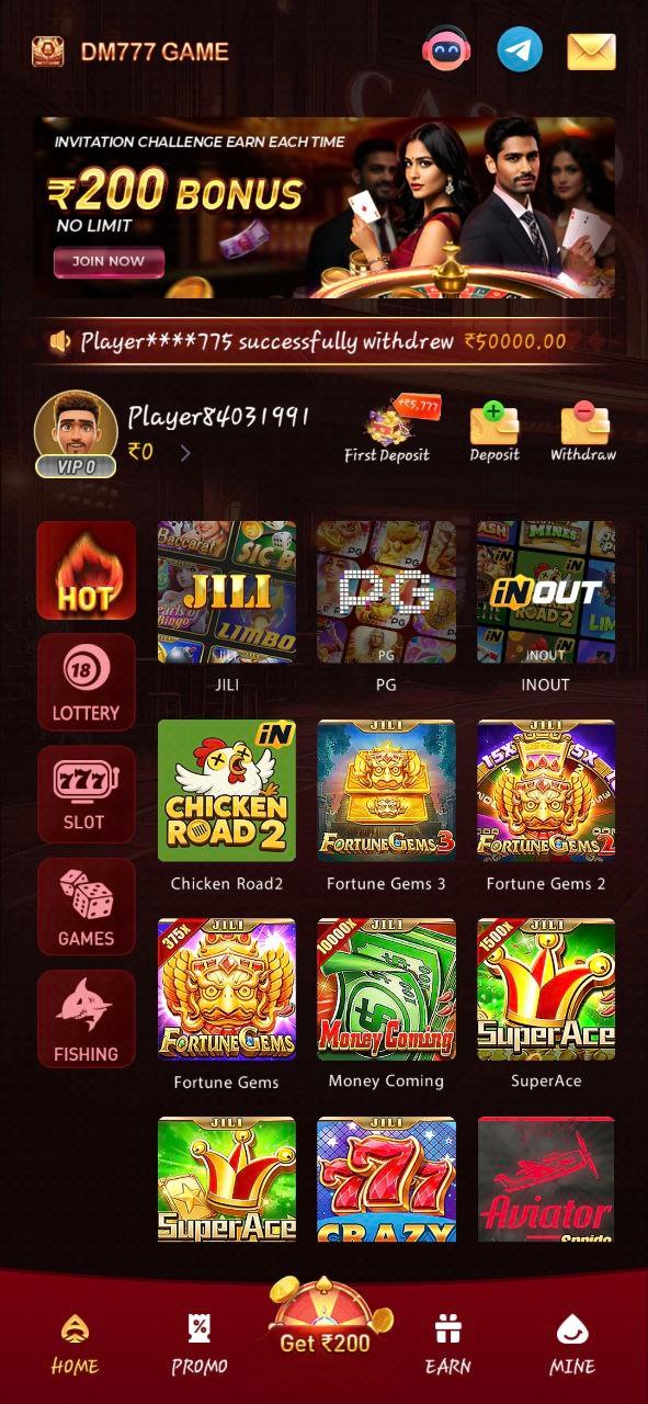 DM777 Game APK home screen displaying casino slots, live sports betting, and bonus offers.