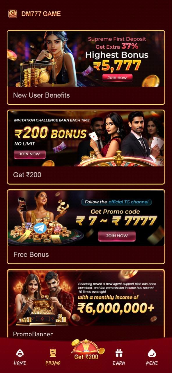 DM777 Game mobile app dashboard showing casino slots, live dealer games, sports betting section, and promotional bonus banner.