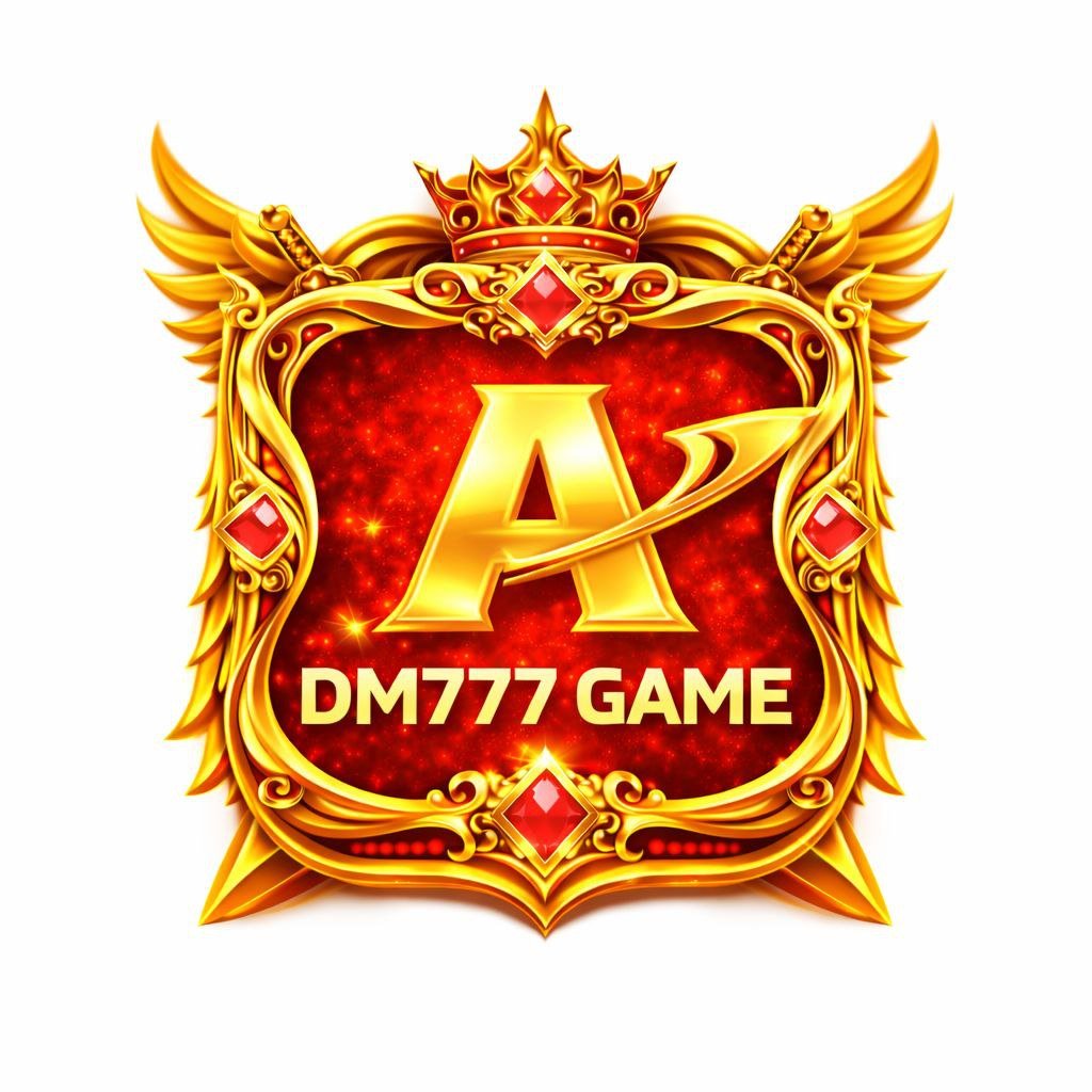 Golden royal emblem logo with red gemstone frame and “DM777 GAME” text in the center